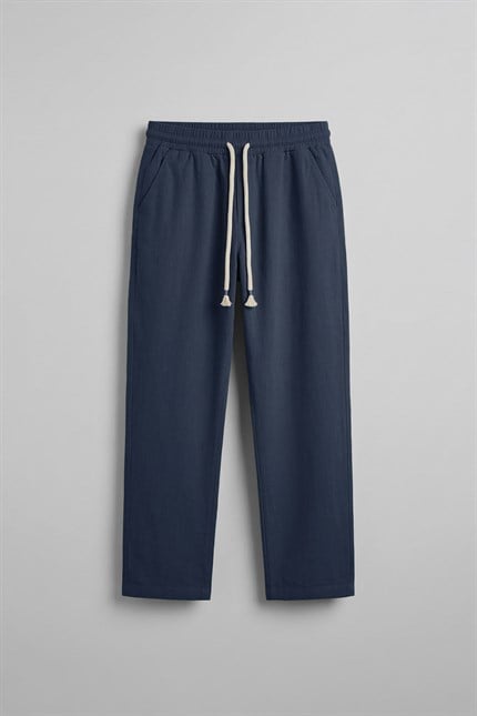 Erkek Baggy Fit Halat Kordonlu Keten Görünümlü Pantolon Lacivert