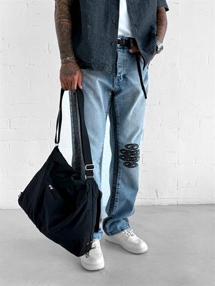 Erkek Baggy Fit İşlemeli Rahat Kalıp Jean Pantolon Mavi