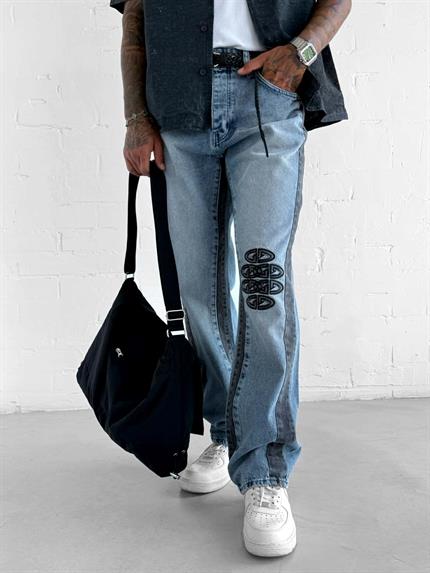 Erkek Baggy Fit İşlemeli Rahat Kalıp Jean Pantolon Mavi