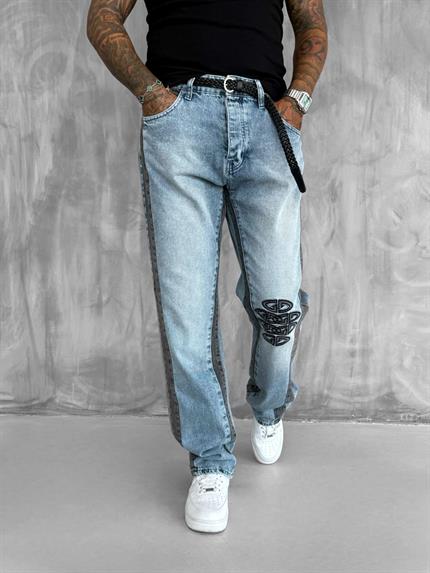 Erkek Baggy Fit İşlemeli Rahat Kalıp Jean Pantolon Mavi