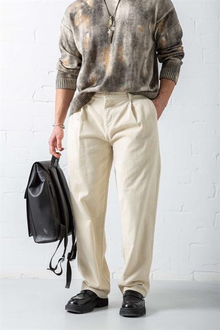 Erkek Baggy Fit Kadife Pantolon Krem