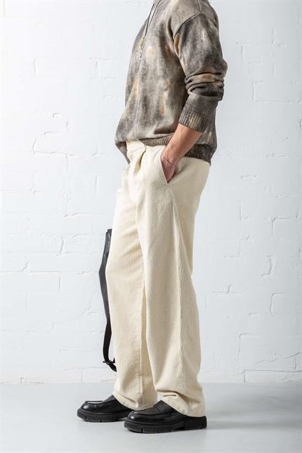 Erkek Baggy Fit Kadife Pantolon Krem