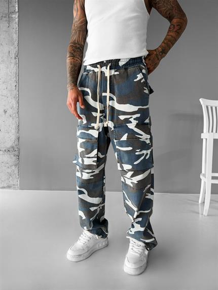 Erkek Baggy Fit Kamuflaj Kargo Pantolon Mavi