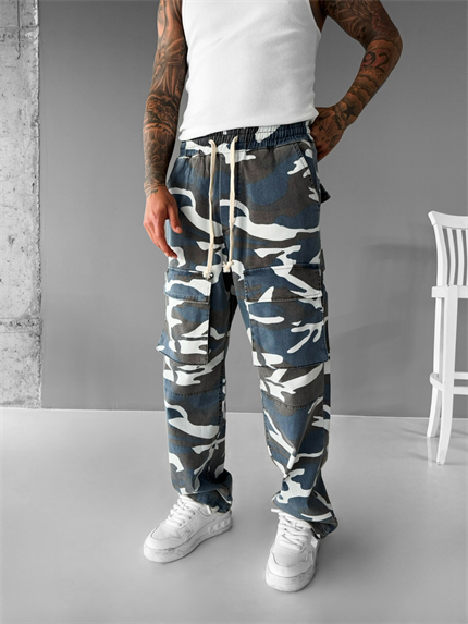 Erkek Baggy Fit Kamuflaj Kargo Pantolon Mavi