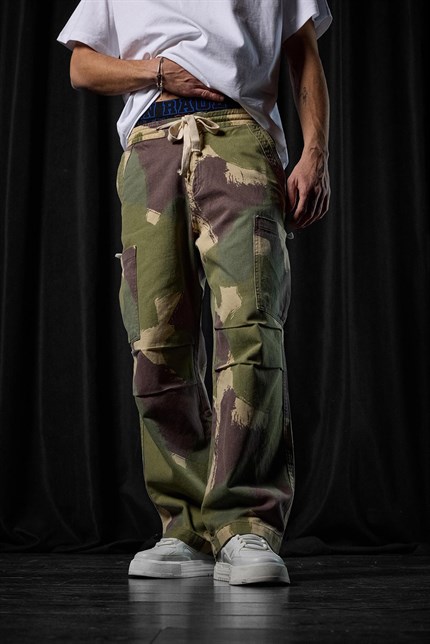 Erkek Baggy Fit Kamuflajlı Kargo Cepli Jean Pantolon Yeşil