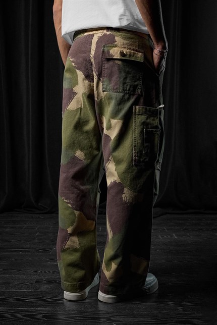 Erkek Baggy Fit Kamuflajlı Kargo Cepli Jean Pantolon Yeşil