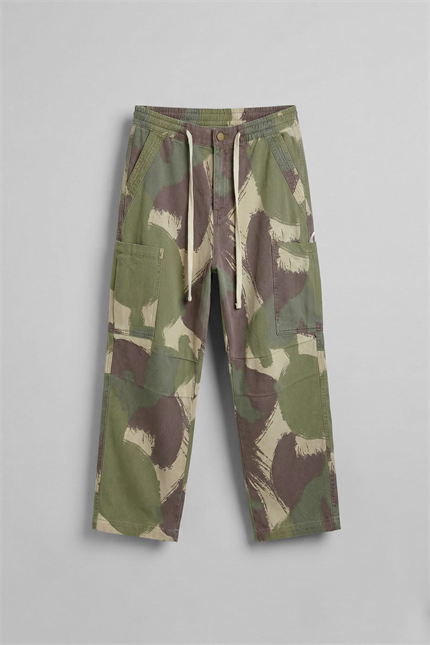 Erkek Baggy Fit Kamuflajlı Kargo Cepli Jean Pantolon Yeşil