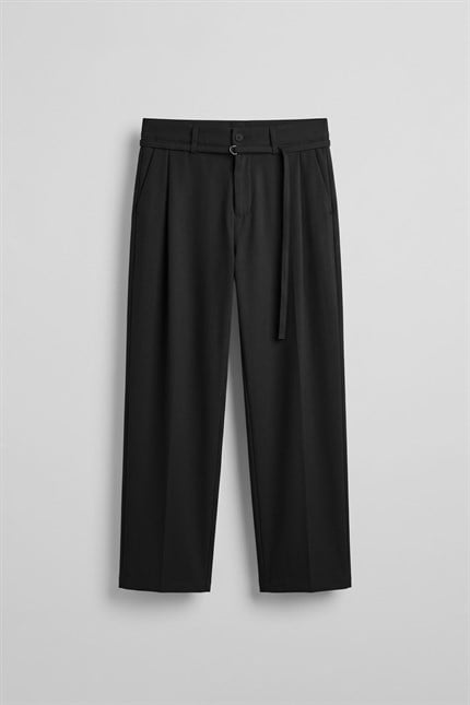 Erkek Baggy Fit Kemer Detaylı Gabardin Kumaş Pantolon Siyah