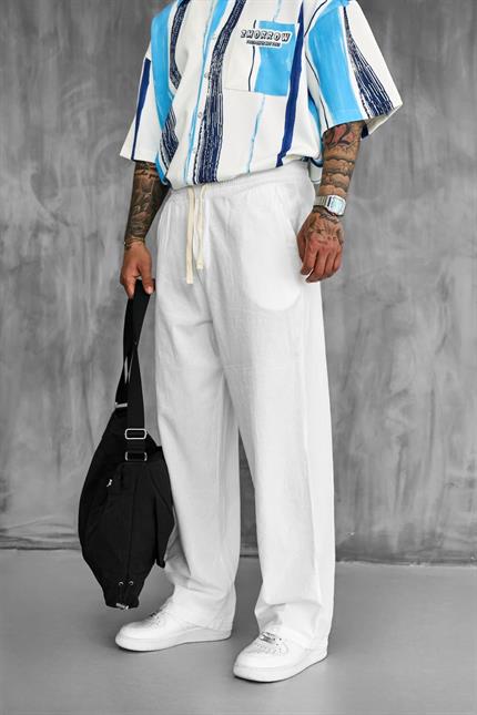 Erkek Baggy Fit Keten Görünümlü Pantolon Beyaz