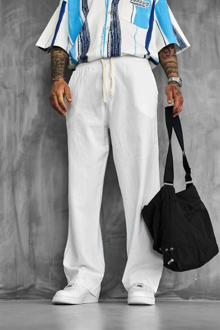 Erkek Baggy Fit Keten Görünümlü Pantolon Beyaz