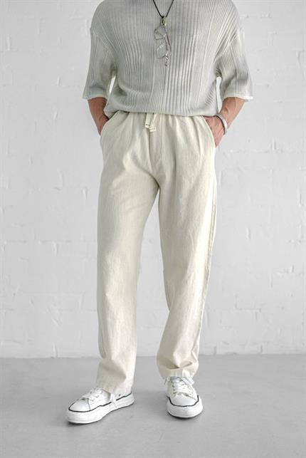 Erkek Baggy Fit Keten Pantolon Ekru