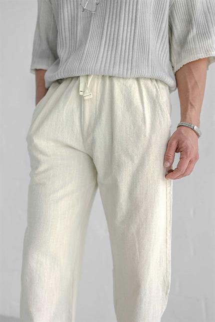 Erkek Baggy Fit Keten Pantolon Ekru