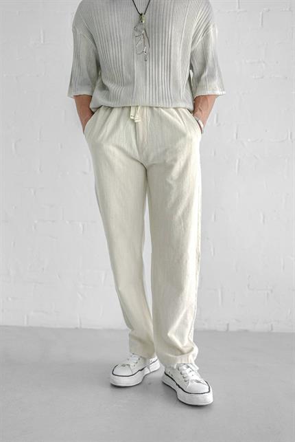 Erkek Baggy Fit Keten Pantolon Ekru