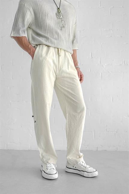 Erkek Baggy Fit Keten Pantolon Ekru