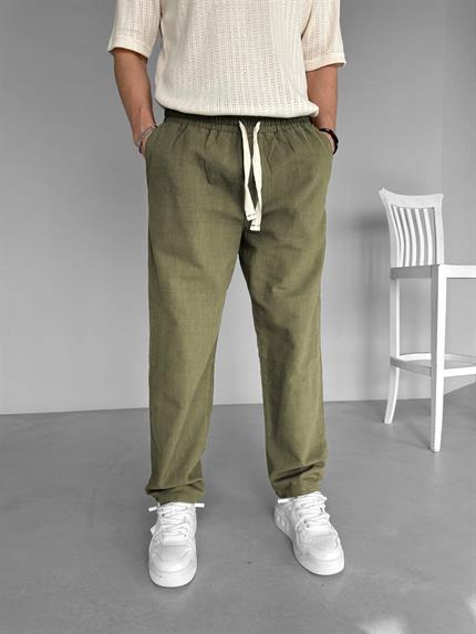 Erkek Baggy Fit Keten Pantolon Haki Yeşil