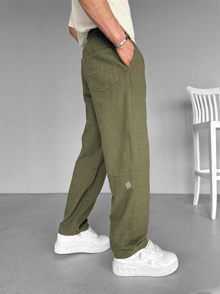 Erkek Baggy Fit Keten Pantolon Haki Yeşil