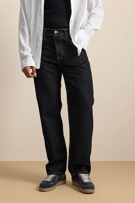 Erkek Baggy Fit Kontrast Dikişli Jean Pantolon Siyah