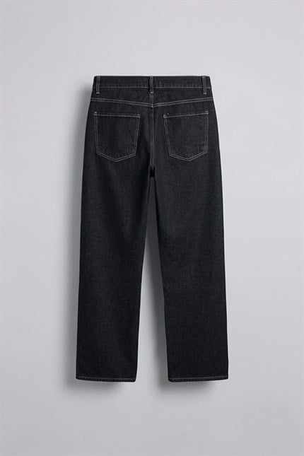 Erkek Baggy Fit Kontrast Dikişli Jean Pantolon Siyah