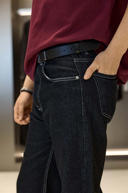 Erkek Baggy Fit Kontrast Dikişli Jean Pantolon Siyah