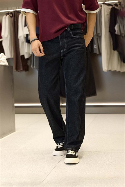 Erkek Baggy Fit Kontrast Dikişli Jean Pantolon Siyah