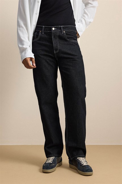 Erkek Baggy Fit Kontrast Dikişli Jean Pantolon Siyah