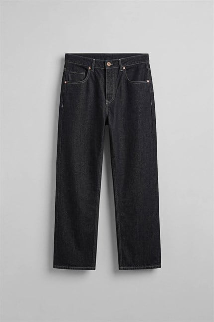 Erkek Baggy Fit Kontrast Dikişli Jean Pantolon Siyah