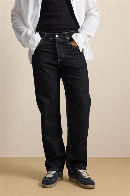 Erkek Baggy Fit Kontrast Dikişli Jean Pantolon Siyah