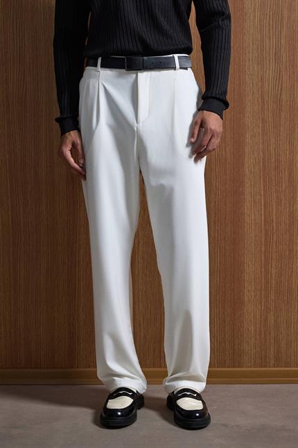 Erkek Baggy Fit Kumaş Pantolon Beyaz