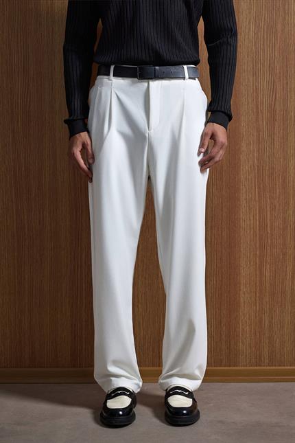 Erkek Baggy Fit Kumaş Pantolon Beyaz