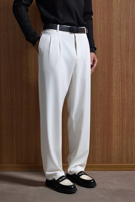 Erkek Baggy Fit Kumaş Pantolon Beyaz