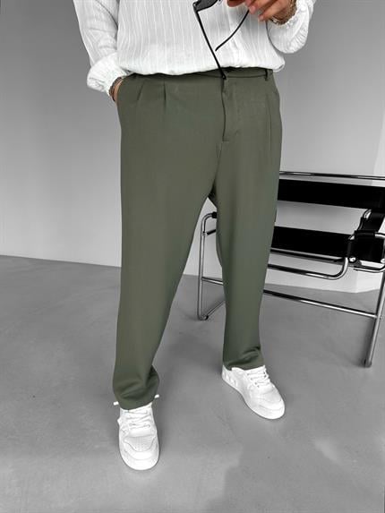 Erkek Baggy Fit Kumaş Pantolon Haki Yeşil