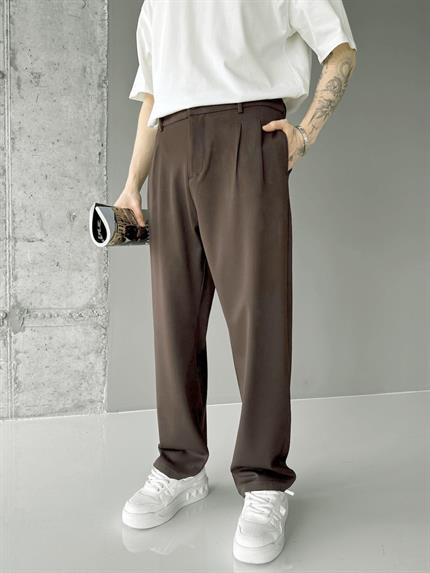 Erkek Baggy Fit Kumaş Pantolon Kahve