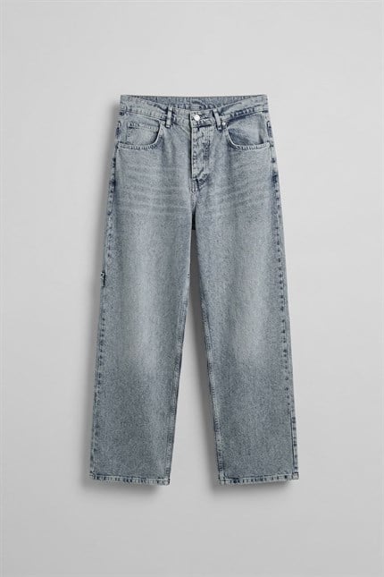 Erkek Baggy Fit Marangoz Cepli Jean Pantolon Açık Mavi
