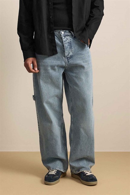 Erkek Baggy Fit Marangoz Cepli Jean Pantolon Açık Mavi