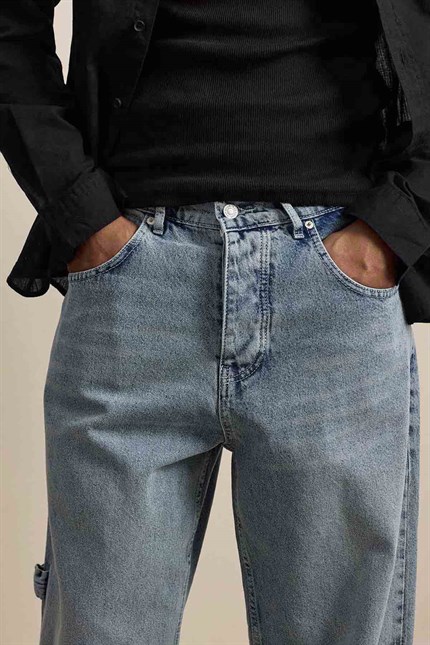 Erkek Baggy Fit Marangoz Cepli Jean Pantolon Açık Mavi