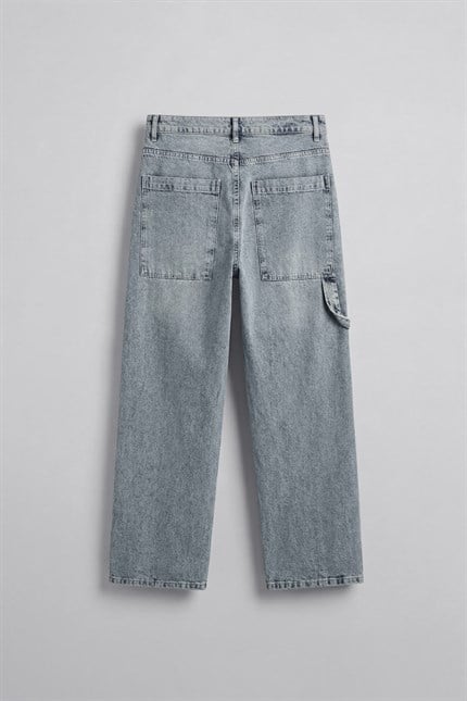 Erkek Baggy Fit Marangoz Cepli Jean Pantolon Açık Mavi
