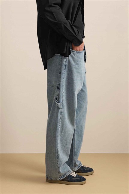 Erkek Baggy Fit Marangoz Cepli Jean Pantolon Açık Mavi