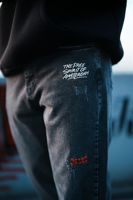 Erkek Baggy Fit Nakışlı Frayed Jean Pantolon Siyah