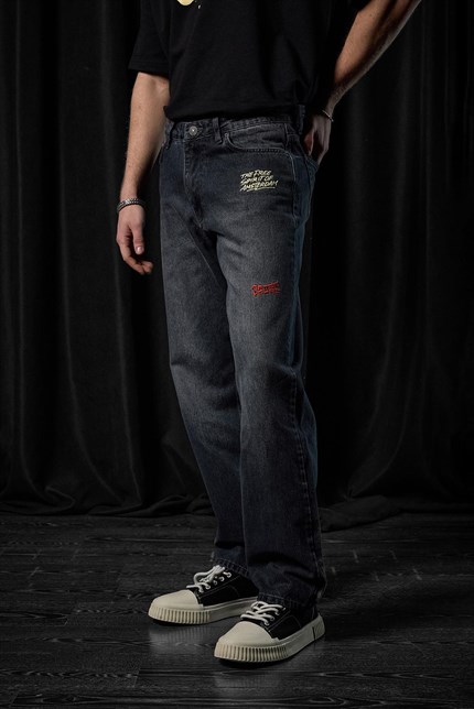 Erkek Baggy Fit Nakışlı Frayed Jean Pantolon Siyah