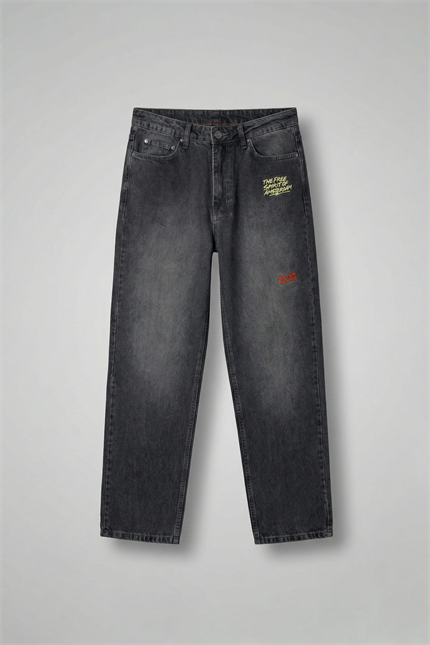 Erkek Baggy Fit Nakışlı Frayed Jean Pantolon Siyah