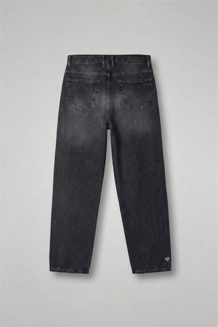Erkek Baggy Fit Nakışlı Frayed Jean Pantolon Siyah