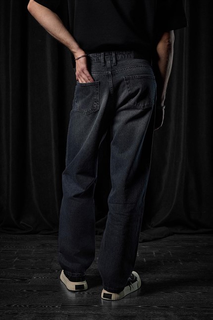 Erkek Baggy Fit Nakışlı Frayed Jean Pantolon Siyah