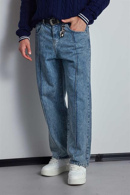 Erkek Baggy Fit Ön Dikiş Detaylı Jean Mavi