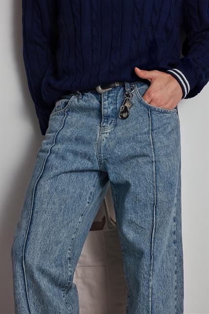 Erkek Baggy Fit Ön Dikiş Detaylı Jean Mavi