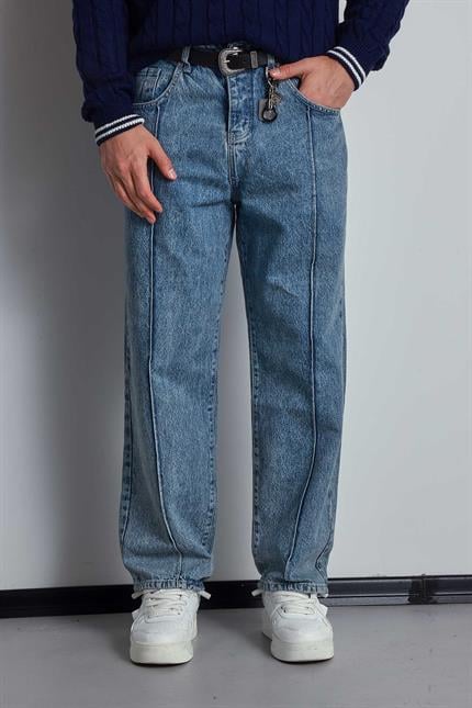 Erkek Baggy Fit Ön Dikiş Detaylı Jean Mavi