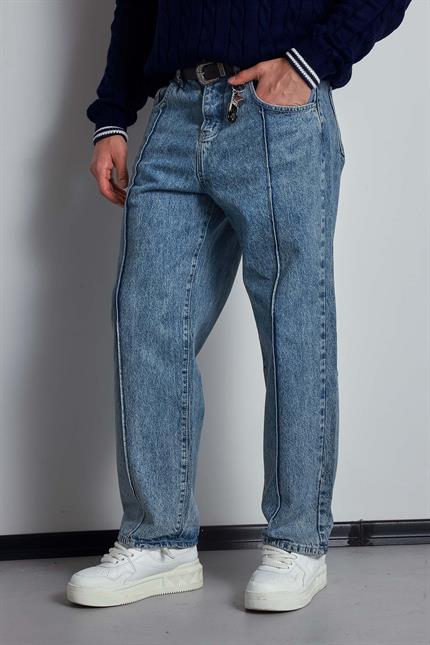 Erkek Baggy Fit Ön Dikiş Detaylı Jean Mavi
