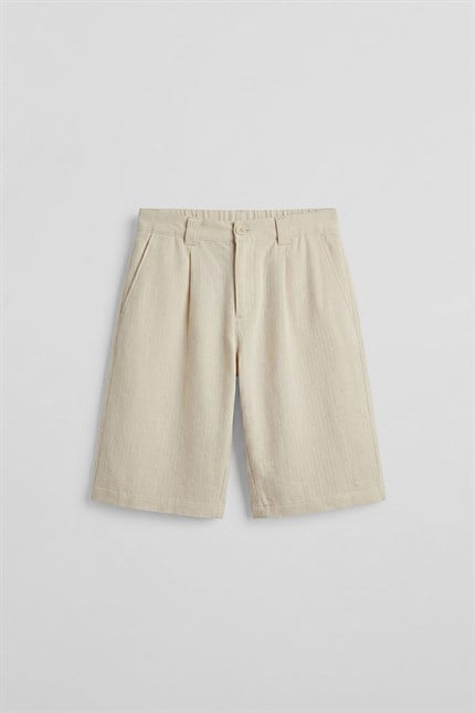 Erkek Baggy Fit Pamuklu Keten Görünümlü Şort Bej