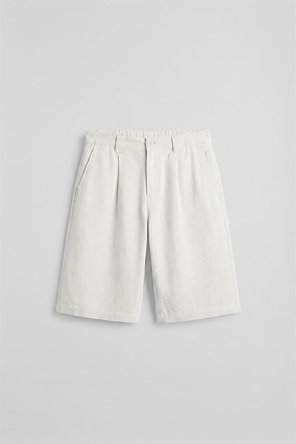 Erkek Baggy Fit Pamuklu Keten Görünümlü Şort Beyaz