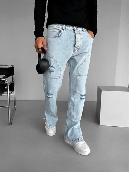 Erkek Baggy Fit Parça Yamalı Distressed Jean Pantolon Buz Mavi
