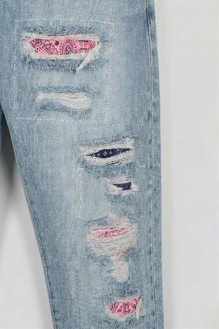 Erkek Baggy Fit Patchwork Hype Jean Pantolon Mavi